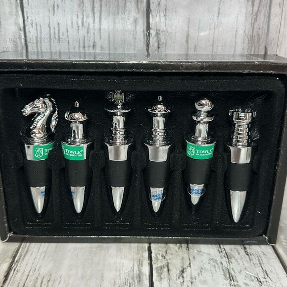 Towle Silversmiths 6 Piece Wine Bottle Stopper Chess Design Set In Original Box - Picture 1 of 8